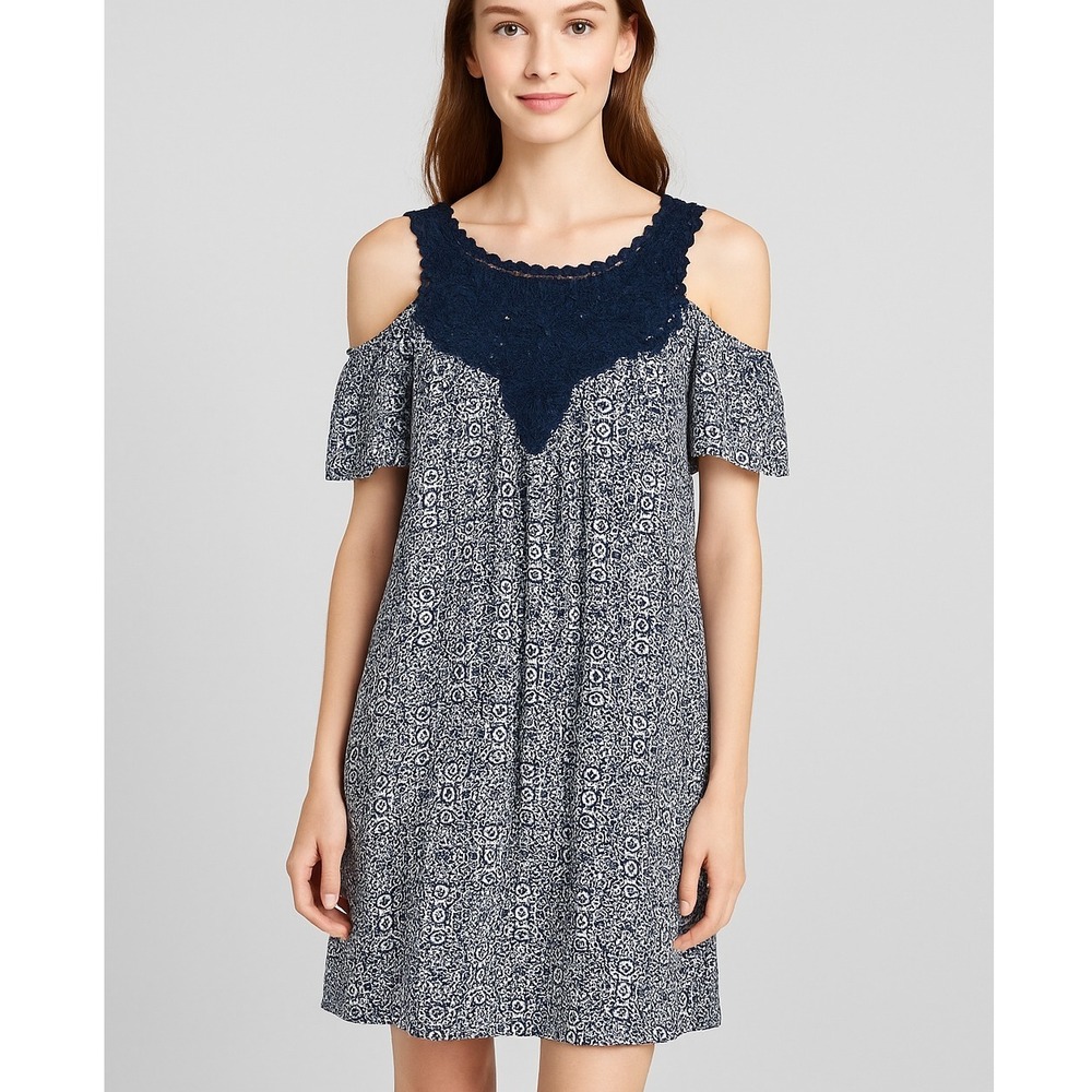 Knox Rose‎ Boho Cold Shoulder Dress Blue Lace Yoke Rayon Large Lined Festival